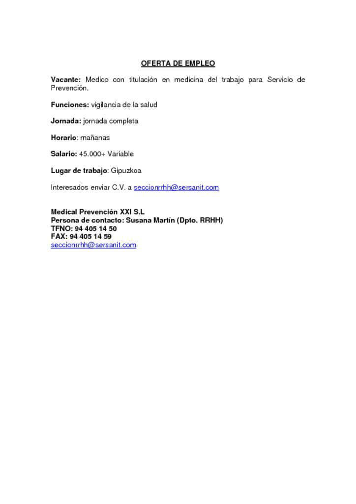 thumbnail of OFERTA DE EMPLEO MEDICO ESPECIALISTA MEDICINA DEL TRABAJO GIPUZKOA