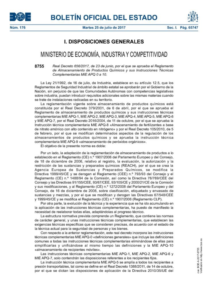 thumbnail of Reglamento almacenamiento Productos quimicos ITC MIE APQ 0 a10